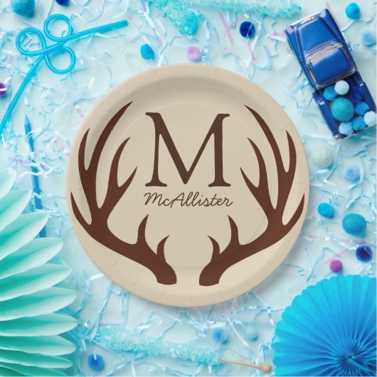 パーソナライズされた – ブラウン素朴ディア〔雄ジカの〕枝角ベージュ色 ペーパープレート (パーティー)