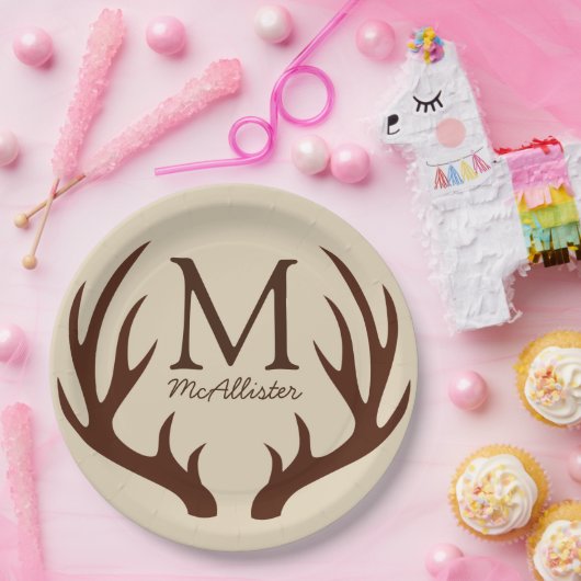 パーソナライズされた – ブラウン素朴ディア〔雄ジカの〕枝角ベージュ色 ペーパープレート (パーティー)
