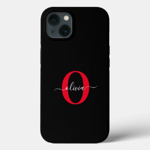 パーソナライズされた モノグラム スクリプト 名前 黒 白 赤 iPhone 13ケース