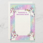 パーソナライズされた（ユダヤ教の）バル・ミツバーノートピンクかわいいユニコーン 便箋 (正面/裏面)