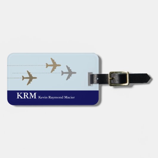パーソナライズされた(名前+イニシャル)が青い飛行機を旅行 ラゲッジタグ (正面横)