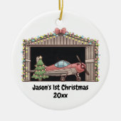 パーソナライズされた,赤い飛行機と木,初めてのクリスマス セラミックオーナメント (正面)