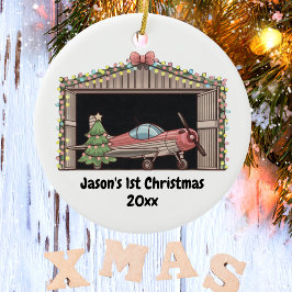 パーソナライズされた，赤い飛行機と木，初めてのクリスマス セラミックオーナメント