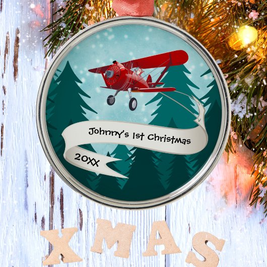 パーソナライズされた，赤い飛行機&サンタ，初めてのクリスマス メタルオーナメント