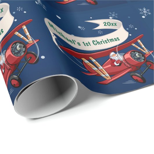 パーソナライズされた,赤い飛行機&サンタ,初めてのクリスマス ラッピングペーパー (ロールコーナー)