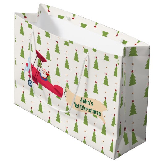 パーソナライズされた,赤い飛行機&サンタ,初めてのクリスマス ラージペーパーバッグ (正面アングル)