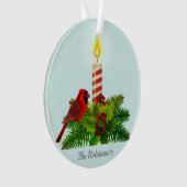 パーソナライズされた(鳥)ショウジョウコウカンチョウとキャンドルオンライトブルー オーナメント (正面)