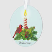 パーソナライズされた(鳥)ショウジョウコウカンチョウとキャンドルオンライトブルー オーナメント (正面)