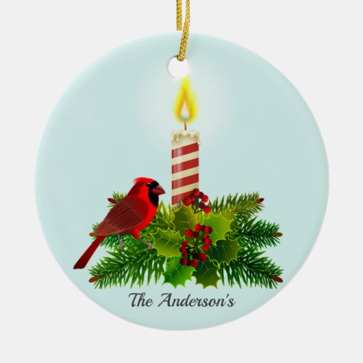 パーソナライズされた(鳥)ショウジョウコウカンチョウとキャンドルオンライトブルー セラミックオーナメント (正面)