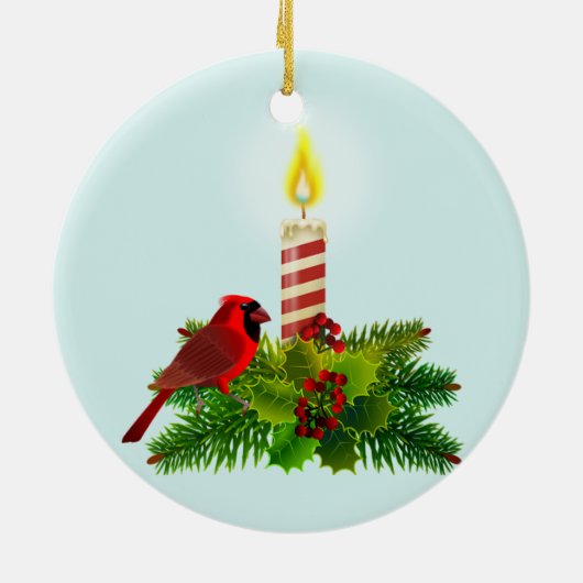 パーソナライズされた(鳥)ショウジョウコウカンチョウとキャンドルオンライトブルー セラミックオーナメント (裏面)