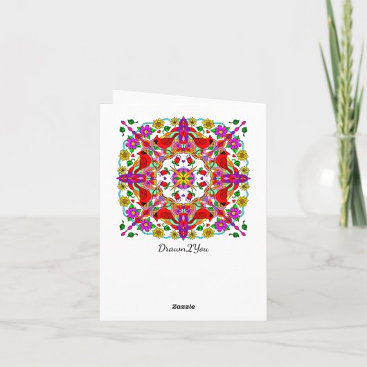 パーソナライズされた（鳥）ショウジョウコウカンチョウ&フラワーマンダラ誕生日 カード (裏面)