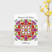 パーソナライズされた(鳥)ショウジョウコウカンチョウ&フラワーマンダラ誕生日 カード (黄色い花)