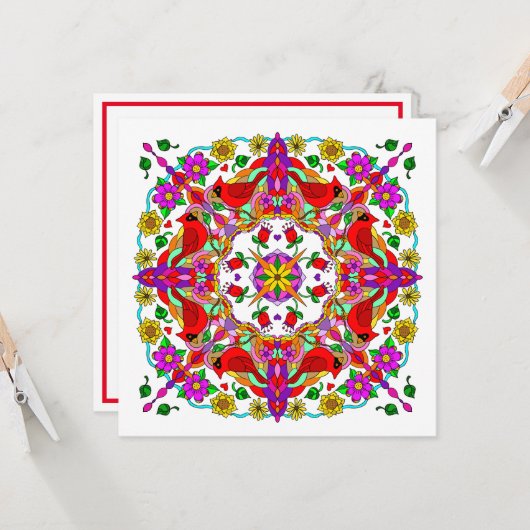 パーソナライズされた(鳥)ショウジョウコウカンチョウ&フラワーマンダラ誕生日 カード (正面/裏面インサイチュ)