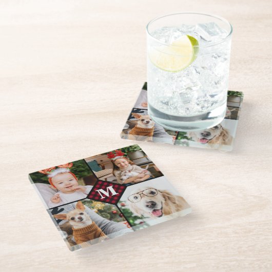 パーソナライズされた 4フォトモノグラムレッドバッファロープレイド ガラスコースター (アングル)