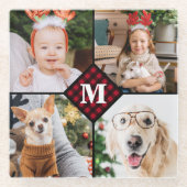 パーソナライズされた 4フォトモノグラムレッドバッファロープレイド ガラスコースター (正面)