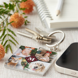 パーソナライズされた 4フォトレッドバッファロープレイドモノグラム  キーホルダー