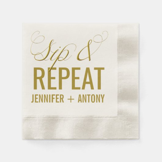 パーソナライズされた「Sip & Repeat」の結婚カクテル 縁ありカクテルナプキン (正面)