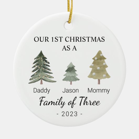 パーソナライズされたBabys初めてのクリスマス三家 セラミックオーナメント (正面)