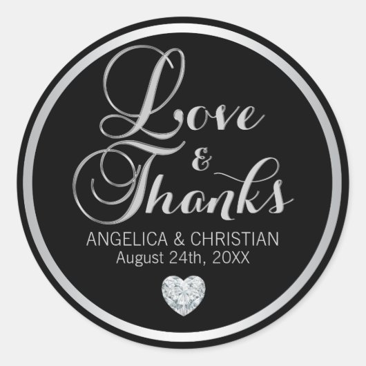 パーソナライズされたBlack Silver LOVE & 感謝してい 結婚s ラウンドシール (正面)