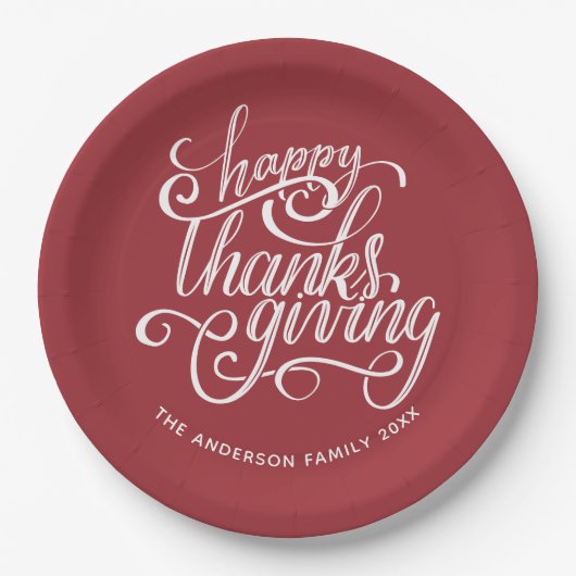 パーソナライズされたBurgundy Script Happy Thanksgiving ペーパープレート (正面)