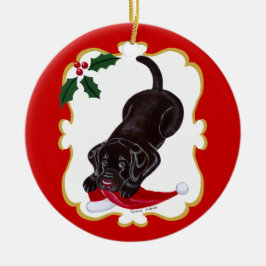 パーソナライズされたChocolate Lab Puppy with Santa Hat セラミックオーナメント