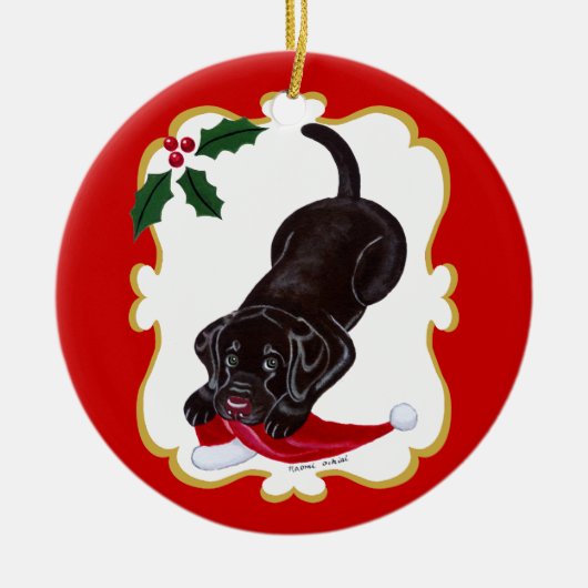 パーソナライズされたChocolate Lab Puppy with Santa Hat セラミックオーナメント (正面)