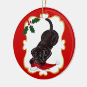 パーソナライズされたChocolate Lab Puppy with Santa Hat セラミックオーナメント (左)