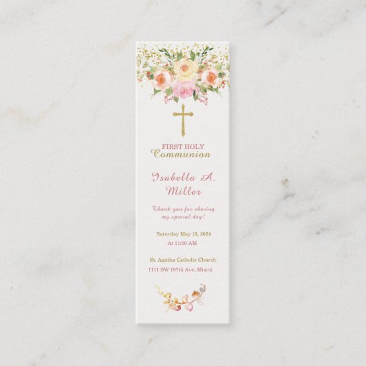 パーソナライズされたFirst Communionピンク祈りの言葉カード スキニー名刺 (正面)