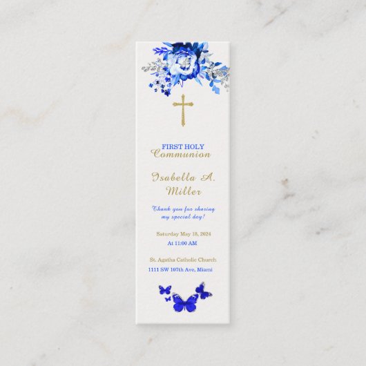 パーソナライズされたFirst Communion Blue祈りの言葉カード スキニー名刺 (正面)