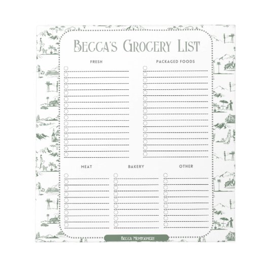 パーソナライズされたGreen Toile Groology Listメモ帳 ノートパッド (正面)