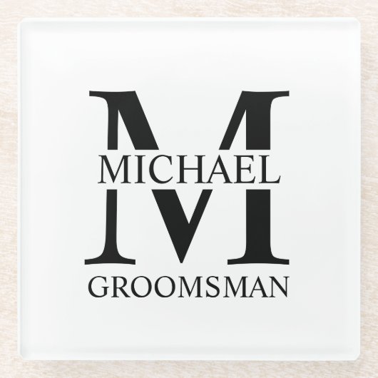 パーソナライズされたGroomsman's Name and Monogram ガラスコースター (正面)