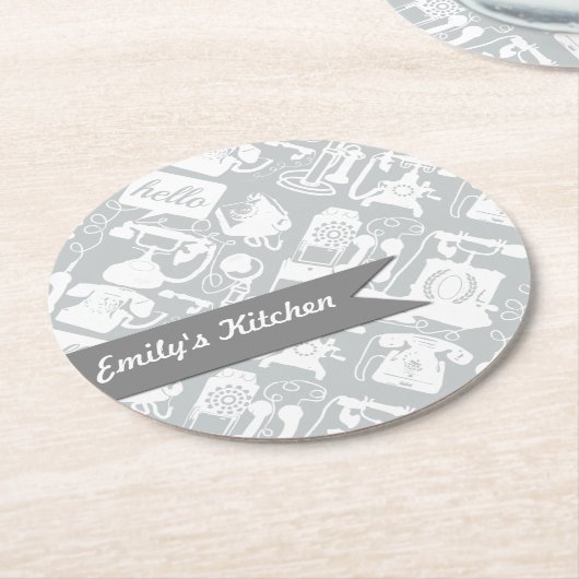 パーソナライズされたHello Grayレトロ電話 ラウンドペーパーコースター (アングル)