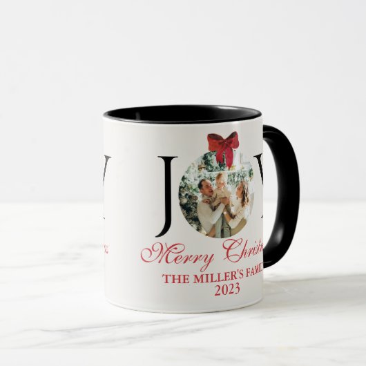 パーソナライズされたJOY MERRY CHRISTMASフォトコーヒー マグカップ (正面右)