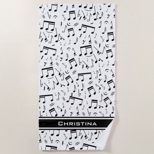 パーソナライズされたLuxury White and Black Music Notes ビーチタオル (正面)