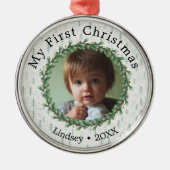 パーソナライズされたPhoto-Babys初めてのクリスマス メタルオーナメント (正面)