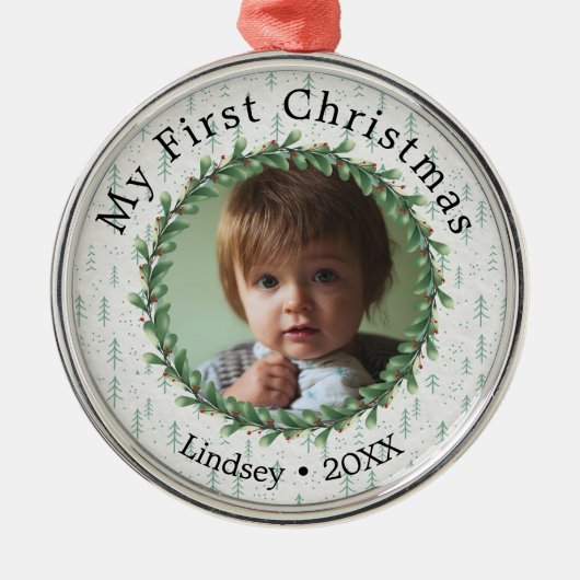 パーソナライズされたPhoto-Babys初めてのクリスマス メタルオーナメント (正面)