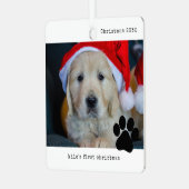 パーソナライズされたPhoto Dogの初めてのクリスマス メタルオーナメント (正面左)
