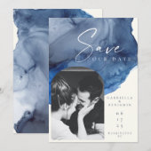 パーソナライズされたPhoto Navy Blue Water Color 結婚's セーブザデート (正面/裏面)
