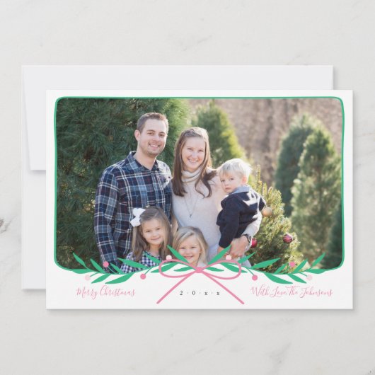 パーソナライズされたPink Bowと名門私立校風のの休日リース シーズンカード (正面)