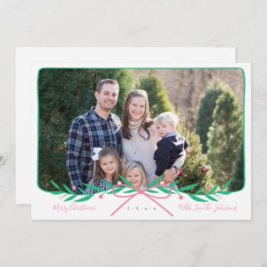 パーソナライズされたPink Bowと名門私立校風のの休日リース シーズンカード (正面/裏面)