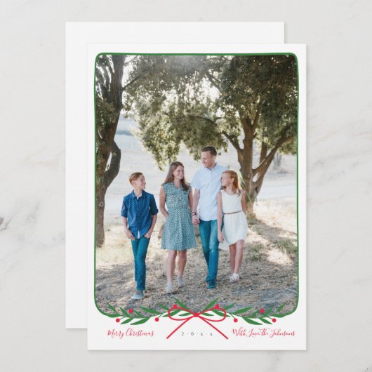 パーソナライズされたRed名門私立校風の Bowとの休日リース シーズンカード (正面/裏面)