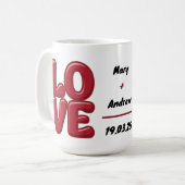 パーソナライズされたRed LOVE Magの名前と日付 コーヒーマグカップ (正面左)