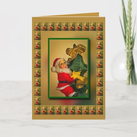 パーソナライズされたSanta atop Christmas Tree、金ゴールドグリーン カード (正面)
