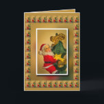 パーソナライズされたSanta atop Christmas Tree、金ゴールドホワイト カード<br><div class="desc">この作品は、サンタクロース登山のクリスマスツリーに金の鐘と金の弓が飾られている。金色の背景に美しく額装されたヴィンテージのイメージ。このデザインは、現在「Ho Ho Ho!」というカスタマイズ可能な読タイポグラフィフィールドを提供している。ウィッいけなド・パーソナライゼーションの場合は「ニース？」このヴィンテージインスパイアのクリスマスカードまたは購入をカスタマイズする。特別なリクエストや質問の場連絡合は、 wafadahdalcreates@gmail.comのアーティスト。© Wafa Y. Dahdal – 全著作権所有。WDアート</div>