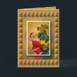 パーソナライズされたSanta atop Christmas Tree、金ゴールドホワイト カード<br><div class="desc">この作品は、サンタクロース登山のクリスマスツリーに金の鐘と金の弓が飾られている。金色の背景に美しく額装されたヴィンテージのイメージ。このデザインは、現在「Ho Ho Ho!」というカスタマイズ可能な読タイポグラフィフィールドを提供している。ウィッいけなド・パーソナライゼーションの場合は「ニース？」このヴィンテージインスパイアのクリスマスカードまたは購入をカスタマイズする。特別なリクエストや質問の場連絡合は、 wafadahdalcreates@gmail.comのアーティスト。© Wafa Y. Dahdal – 全著作権所有。WDアート</div>