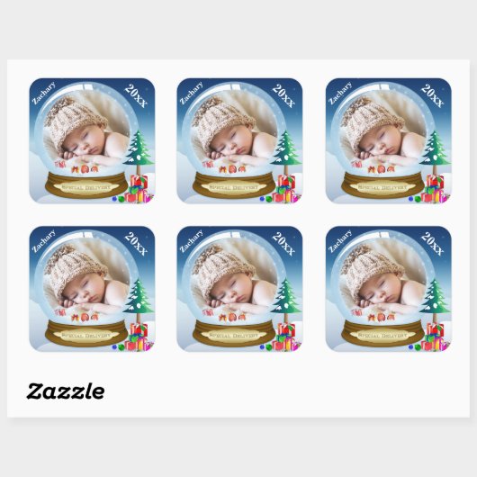 パーソナライズされたSnow Globe写真クリスマスステッカー スクエアシール (シート)