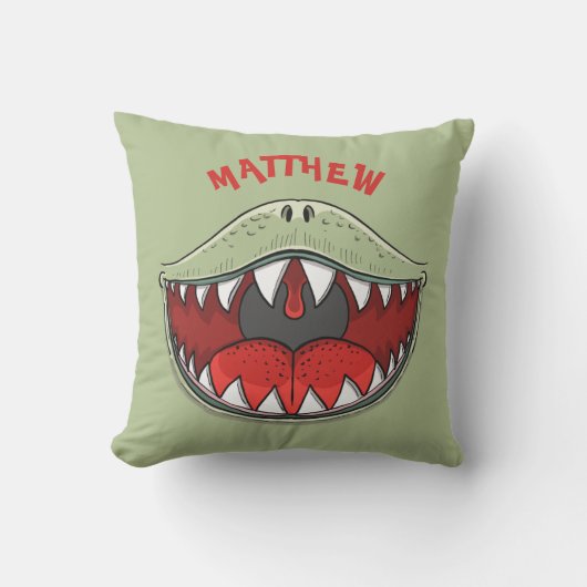 パーソナライズされたTレックス恐竜の口の緑の子供の名前 アウトドアクッション (正面)