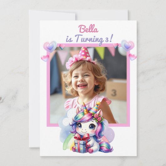 パーソナライズされたUnicornとPhoto Girl's誕生日 招待状 (正面)