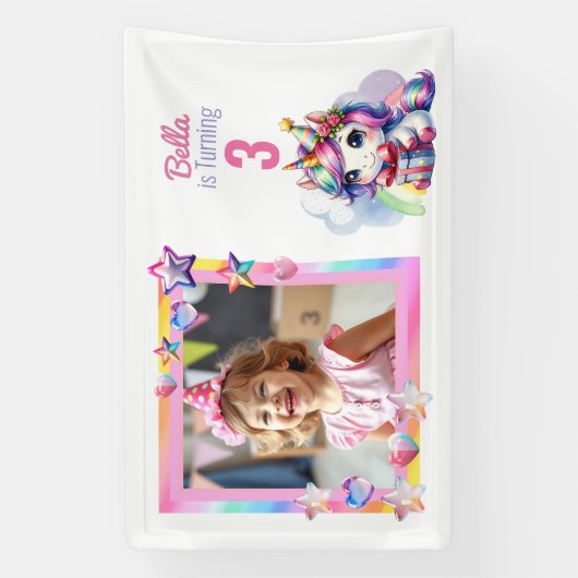 パーソナライズされたUnicornとPhoto Girl's誕生日 横断幕 (縦)