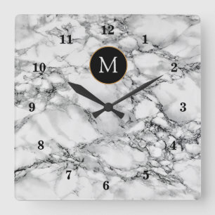 パーソナライズされたYour Letter Wall Clock White Marble スクエア壁時計